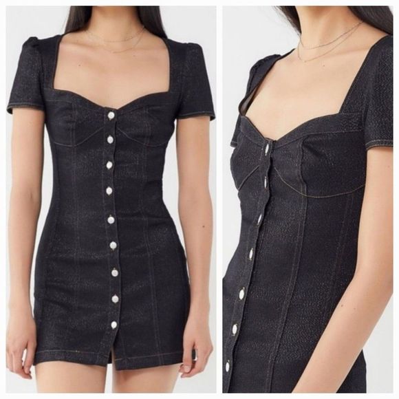 Urban Outfitters Dresses & Skirts - Urban Outfitters Daphne Fitted Denim Mini Dress Button Front Sz XS Dark Sparkly